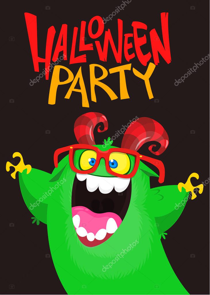 Cartoon monsters set. Halloween party invitation or poster design with different creatures celebrating. Monsters and aliens face expressions. Vector illustration