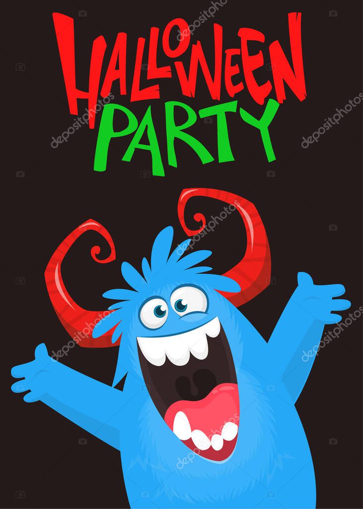 Cartoon monsters set. Halloween party invitation or poster design with different creatures celebrating. Monsters and aliens face expressions. Vector illustration