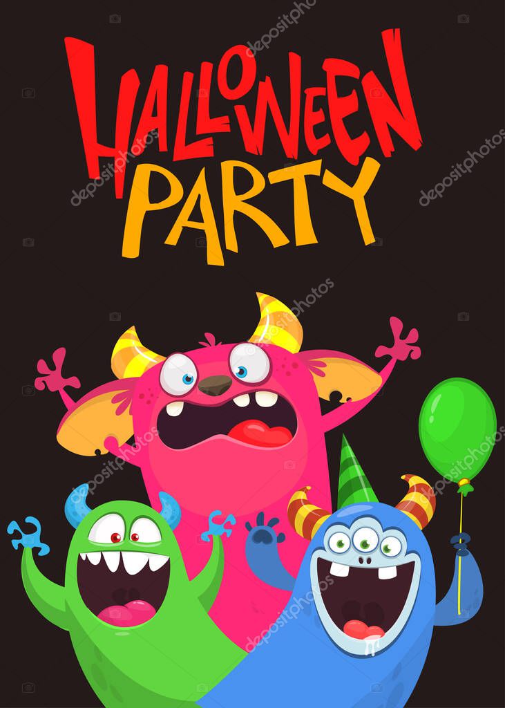 Cartoon monsters set. Halloween party invitation or poster design with different creatures celebrating. Monsters and aliens face expressions. Vector illustration