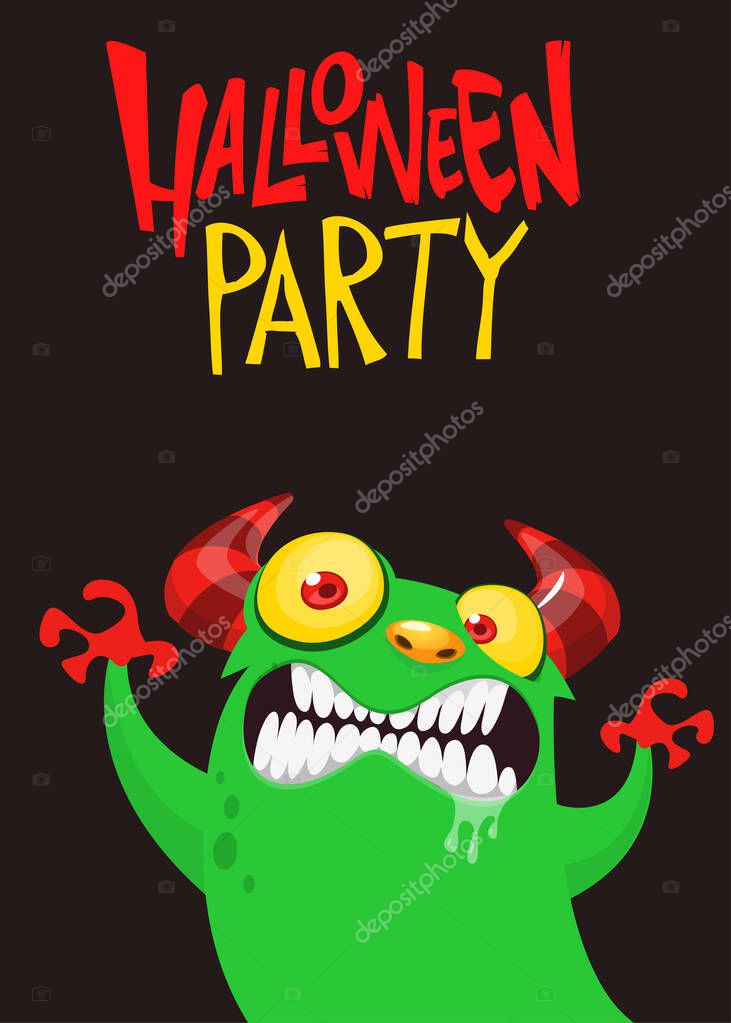 Cartoon monsters set. Halloween party invitation or poster design with different creatures celebrating. Monsters and aliens face expressions. Vector illustration