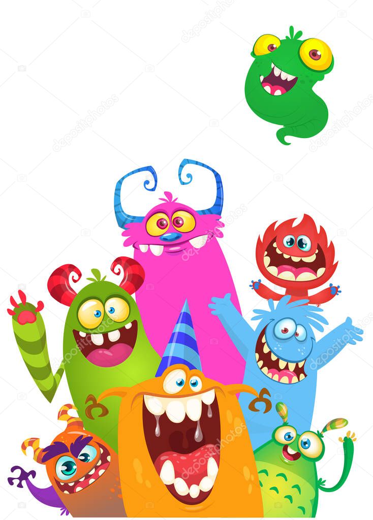 Cartoon monsters set. Halloween party invitation or poster design with different creatures celebrating. Monsters and aliens face expressions. Vector illustration