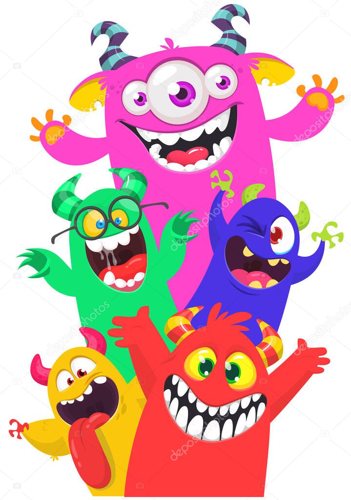 Cartoon monsters set. Halloween party invitation or poster design with different creatures celebrating. Monsters and aliens face expressions. Vector illustration