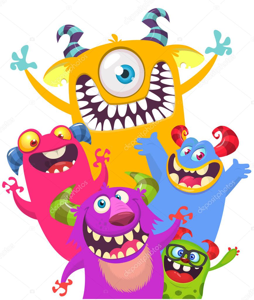 Cartoon monsters set. Halloween party invitation or poster design with different creatures celebrating. Monsters and aliens face expressions. Vector illustration