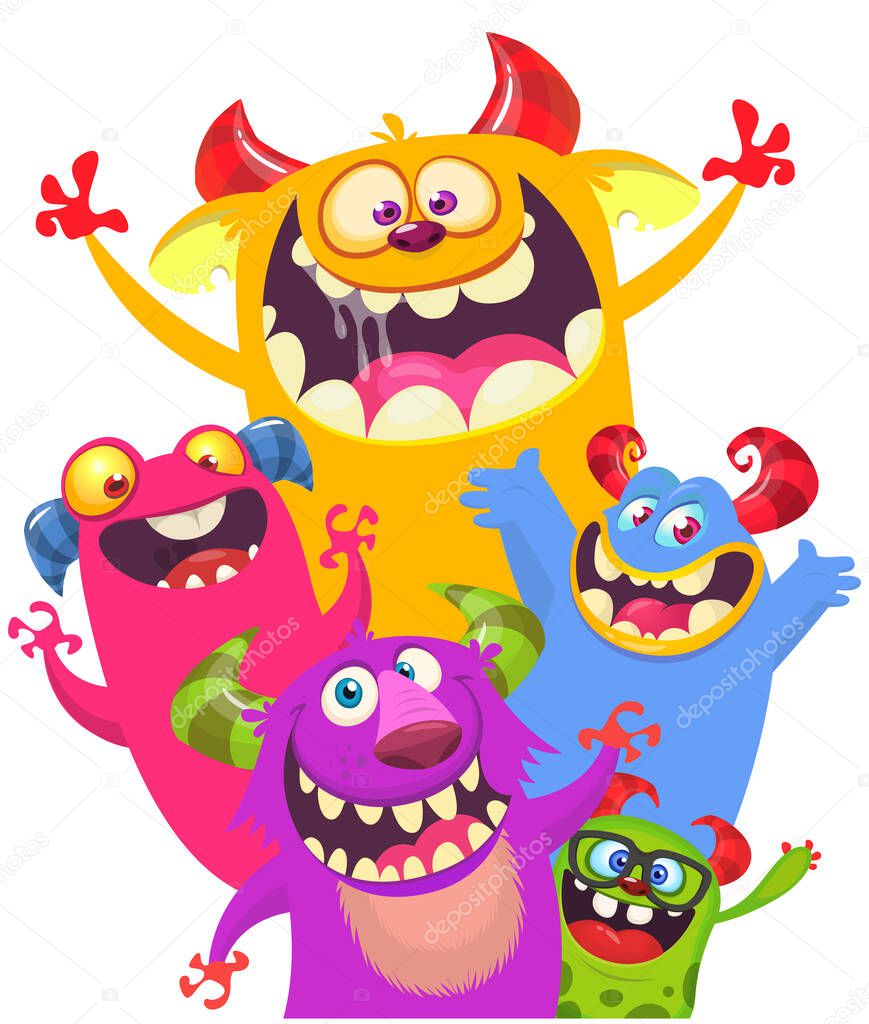 Cartoon monsters set. Halloween party invitation or poster design with different creatures celebrating. Monsters and aliens face expressions. Vector illustration