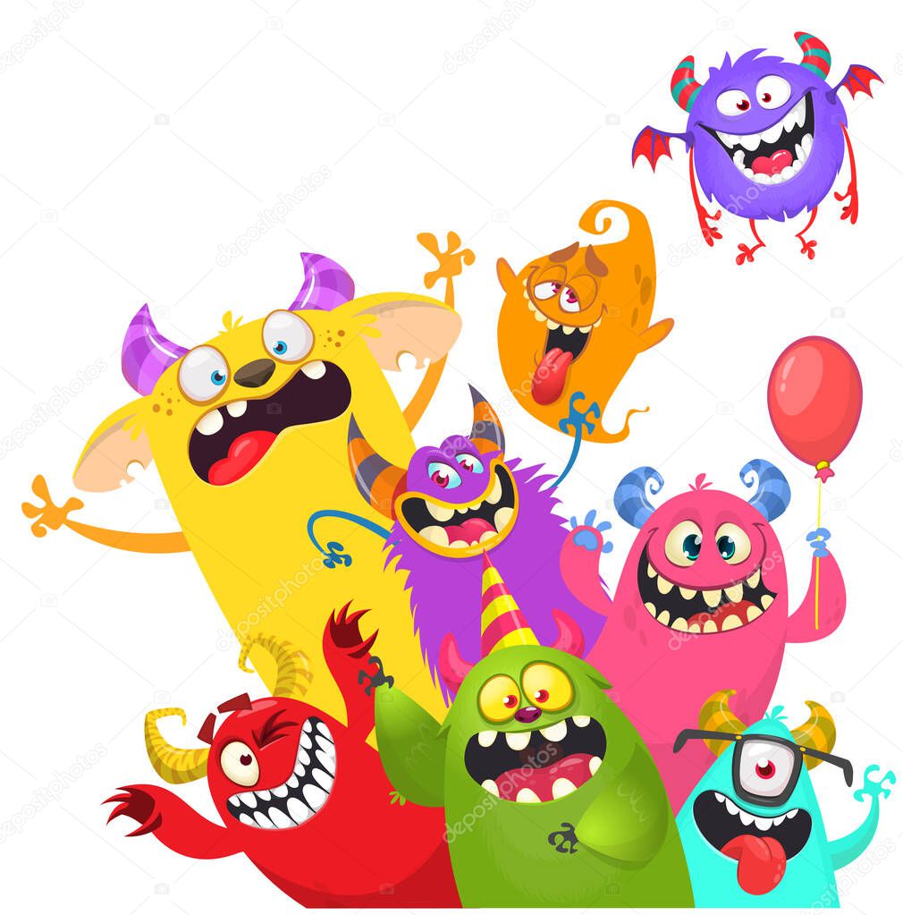 Cartoon monsters set. Halloween party invitation or poster design with different creatures celebrating. Vector illustration
