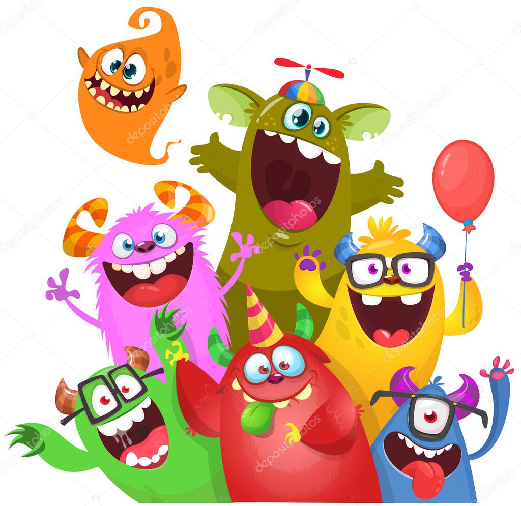Cartoon monsters set. Halloween party invitation or poster design with different creatures celebrating. Vector illustration