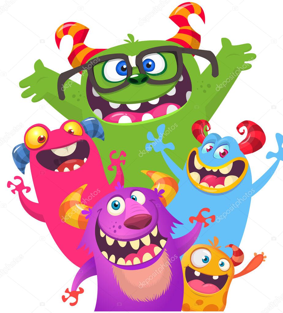 Cartoon monsters set. Halloween party invitation or poster design with different creatures celebrating. Vector illustration