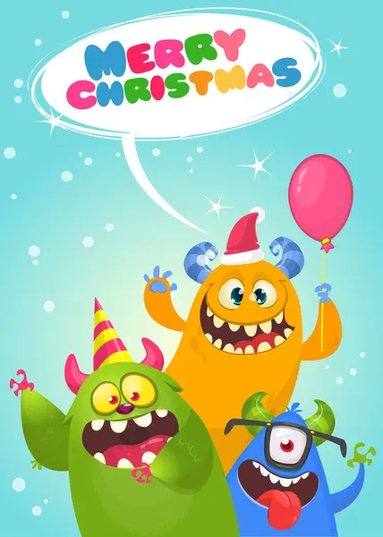 Dibujos Animados Monstruos Felices Con Diferentes Expresiones Faciales Feliz Navidad — Vector de stock