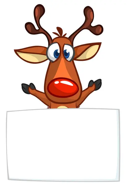 漫画の面白い赤い鼻のトナカイクリスマスや新年の挨拶のための空白の紙板を保持しています クリスマスイラスト 隔離されたベクトル — ストックベクタ