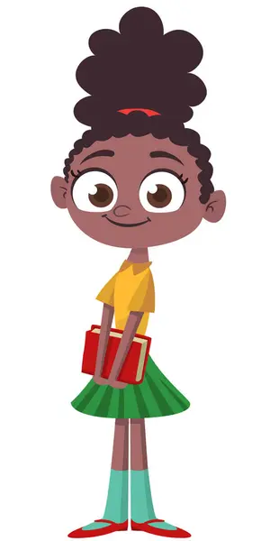 Cute Young Afro American Girl Holding Book Vector Illustration Happy — Stock Vector