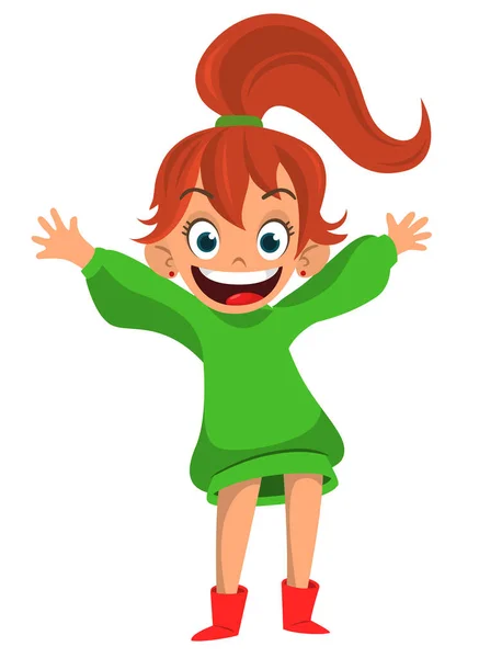 Cute Young Girl Waving Smiling Vector Illustration Happy Teenager Kid — Stock Vector