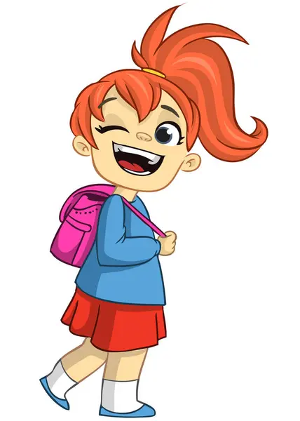 Cute Cute School Girl Backpack Vector Illustration Happy Teenager Kid — Stock Vector