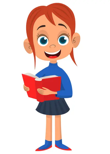 Cute Little School Girl Reading Book Vector Cartoon Illustration Happy Stock Vector