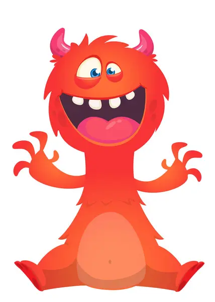 Cartoon happy monster with funny face expression sitting. Vector illustration isolated on white. Great for Halloween party or package design. — Illustration Cartoon Happy Monster Funny Face Expression Sitting Vector Illustration Isolated — Stock Vector