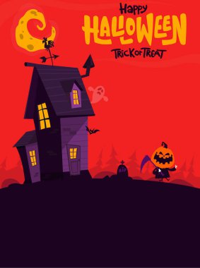 Halloween haunted house cartoon illustration. Vector horror scary mansion on the night background with moon. Party poster. clipart