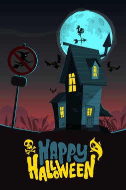 Halloween haunted house cartoon illustration. Vector horror scary mansion on the night background with moon. Party poster. clipart