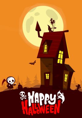 Halloween haunted house cartoon illustration. Vector horror scary mansion on the night background with moon. Party poster. clipart