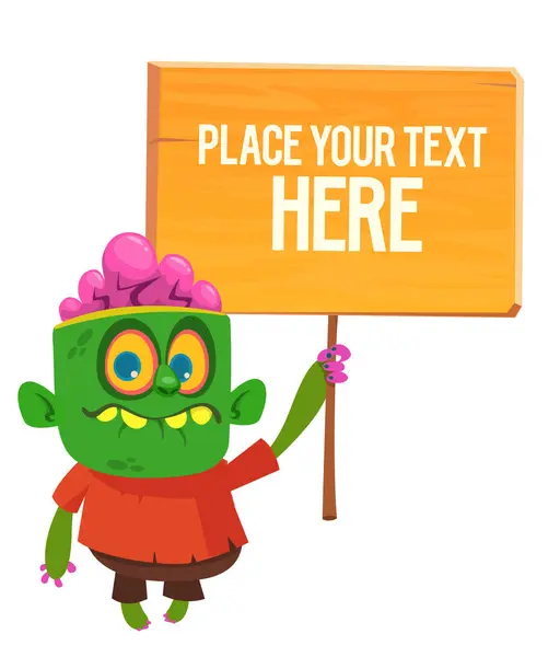 Cartoon zombie holding wooden sign. Vector illustration isolated. — Illustration Cartoon Zombie Holding Wooden Sign Vector Illustration Isolated — Stock Vector