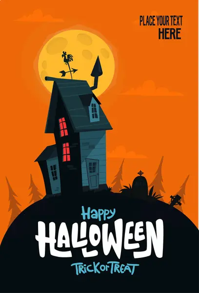 stock vector Halloween haunted house cartoon illustration. Vector horror scary mansion on the night background with moon. Party poster.