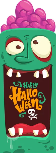 Cartoon funny green zombie character design with scary face expression and pink brains out. Halloween vector illustration isolated on white. Party invitation, package design. — Illustration Cartoon Funny Green Zombie Character Design Scary Face Expression Pink — Stock Vector