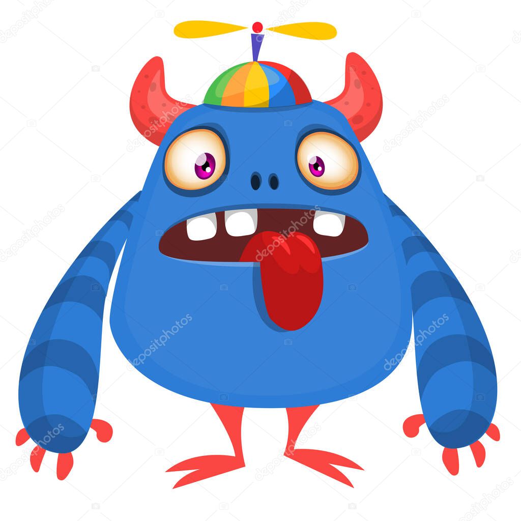 Cartoon happy monster with long tongue sticking out of mouth.  Vector illustration isolated on white. For Halloween party or package design.