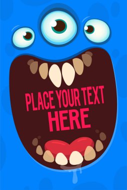 Cartoon monster face with funy expression opened mouth blank space banner for text . Great for package design or party decoration. clipart