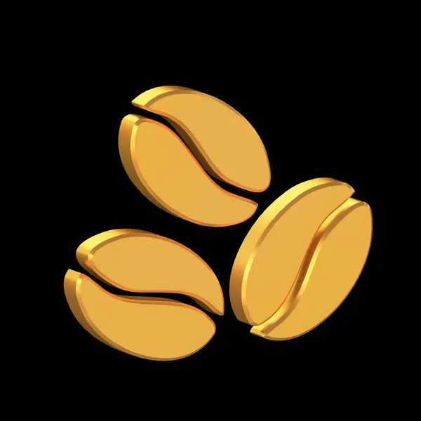 Coffee Beans 3D Icon Isolated on Black Background, Gold Texture, 3D Rendering