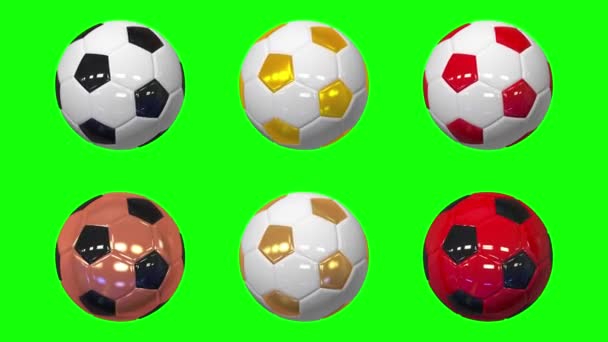 6つの異なる色の組み合わせでループサッカー回転 3Dレンダリング クロマキー ルママットサッカーの選択 ハッピーニューイヤーコンセプト アニメーション草レンダリング — ストック動画