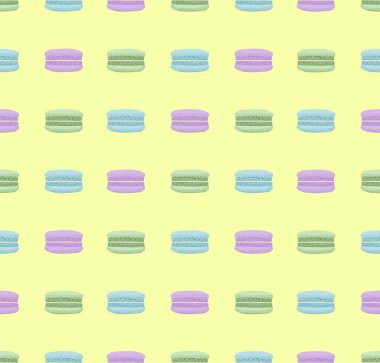 Açık sarı arkaplanda kumaş tasarımı ve ambalaj kağıdı için kusursuz desenli renkli badem kurabiyeleri.