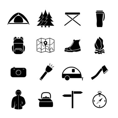 Kamp Simgeleri, Glyph Simgesi seti, 16 vektör simgesinin Koleksiyonu, Turizm, Basit vektör illüstrasyonu