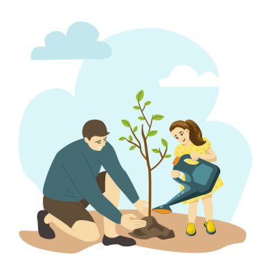 Adam ve kız ağaç dikiyorlar. Babası ve kızı bahçedeler. Çocuk konseptiyle ailece vakit geçirmek. Vektör illüstrasyonu