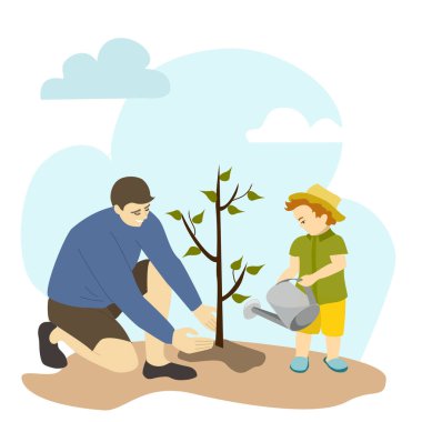 Adam ve çocuk ağaç dikiyorlar. Baba ve oğlu bahçedeler. Çocuk konseptiyle ailece vakit geçirmek. Vektör illüstrasyonu