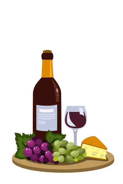 Bottle Glass Red Wine Grapes Bunch Piece Cheese Wooden Tray — Stock Vector