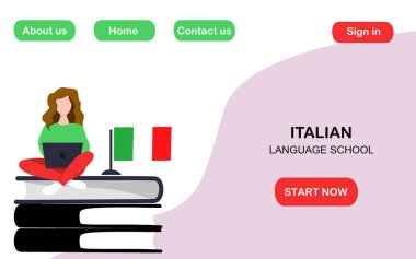 İtalyanca çevrimiçi ders. Web sitesi için iniş sayfası. Uzaktan eğitim. İtalyanca dil okulu. Online eğitim. Özel öğretmen. Sözlük. Vektör illüstrasyonu. 