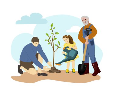 Mutlu büyükbaba, baba ve torun birlikte ağaç dikiyorlar. Bahçede hareketlilik var. Vektör illüstrasyonu