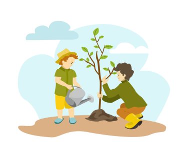 Çocuklar ağaç vektör illüstrasyonunu izole etmişler. Bahçıvanlık yapan iki çocuk ağaçla ilgileniyor. Vektör illüstrasyonu