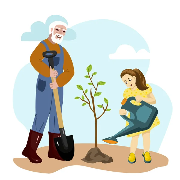 Mutlu büyükbaba ve torun birlikte ağaç dikiyorlar. Vektör illüstrasyonu