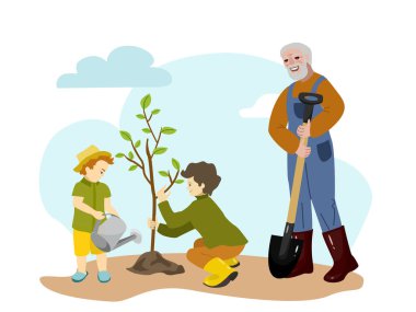 Mutlu büyükbaba ve torunu birlikte ağaç dikiyorlar. Bahçede hareketlilik var. Vektör illüstrasyonu