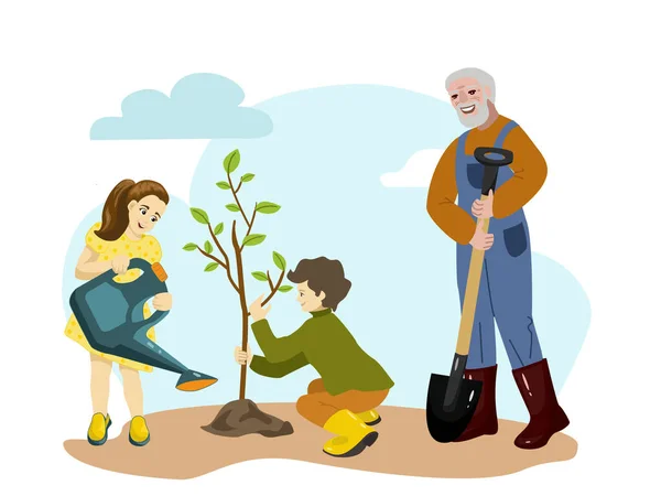 Mutlu büyükbaba ve torunu birlikte ağaç dikiyorlar. Sulama kutusu olan bir kız ve elinde ağaç tutan bir oğlan. Bahçede hareketlilik var. Vektör illüstrasyonu