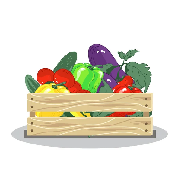 地元の野菜と木製の箱 白い背景に隔離された野菜でいっぱいのメッシュエコバッグ 地元の市場からの新鮮な有機食品と現代の買い物客 — ストックベクタ