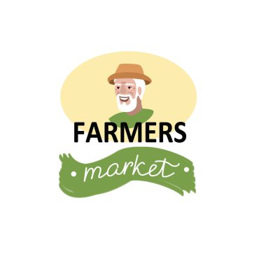 Çiftçi pazarının amblem etiketi. Yemek dükkanı tabelası. Çiftçi başı logoti şablonu. Vektör çizimi. Vektör illüstrasyonu