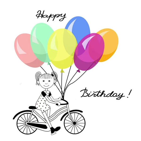 Bisikletle doğum günü balonları tutan şirin bir kız tasviri. Çizgi tasarımı. Basit bir doğum günü kartı. Vektör illüstrasyonu
