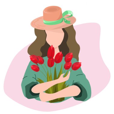 Zarif şapkalı genç kadın elinde çiçek demetleri, kırmızı laleler tutuyor. Lale buketli bir kız karakteri. Hediye, aşk konsepti, kadınlar günü, mutlu anneler günü. Vektör 