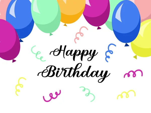 Mutlu yıllar sana renkli balonlar ve beyaz arka planda konfeti olan el yazısı. Vektör illüstrasyonu 