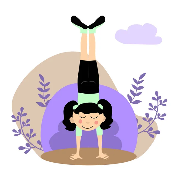 Cute Cartoon Little Girl Doing Yoga Gymnastic Yoga Meditation Children — Stock Vector