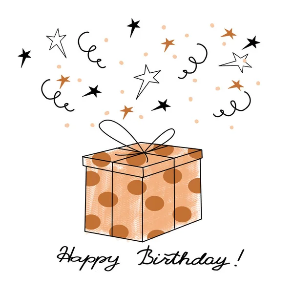 Doğum günün kutlu olsun. Hediye kutusu ve hat yazısı olan güzel bir tebrik kartı posteri ve siyah metin yıldızı havai fişekleri. El çizimi, tasarım elementleri. El yazısıyla modern fırça harfleri. Vektör illüstrasyonu