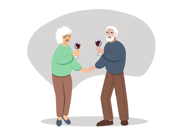 stock vector Couple on meeting. Elderly people drinking wine. Happy husband and wife, old man woman spend time together. Grandparents celebrates. Vector illustration