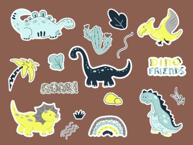 Şirin dinozorların el çizimi vektör çıkartmaları. Dino düz tırmanıyor. Tarih öncesi hayvanları çiz. Jurasik sürüngenler çizim yapıyor. İskandinav tarzı izole çizimler. Vektör illüstrasyonu