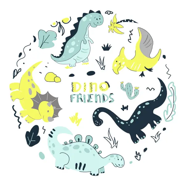 Dinozor vektörü karikatür çizim tarzında ayarlandı. Renkli bebek çizimi çocuk odası için idealdir. Vektör illüstrasyonu