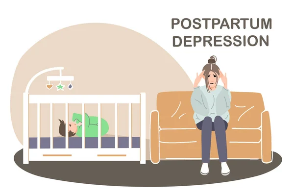 Doğum sonrası depresyonu. Yorgun bir kadın beşiğin yanındaki kanepede yeni doğmuş bir bebekle oturuyor. Genç annenin psikolojik yardıma ihtiyacı var. Akıl sağlığı konsepti. Çizgi film tarzında vektör illüstrasyonu. 